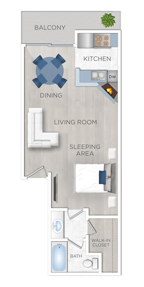 Floor plan for studio, 1 bath, 536 sqft